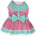 Polka Dot and Lace Dog Dress Set with Leash - Pink & Teal