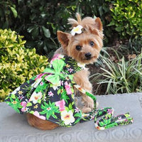 Twilight Black Hawaiian Hibiscus Dog Dress with Matching Leash